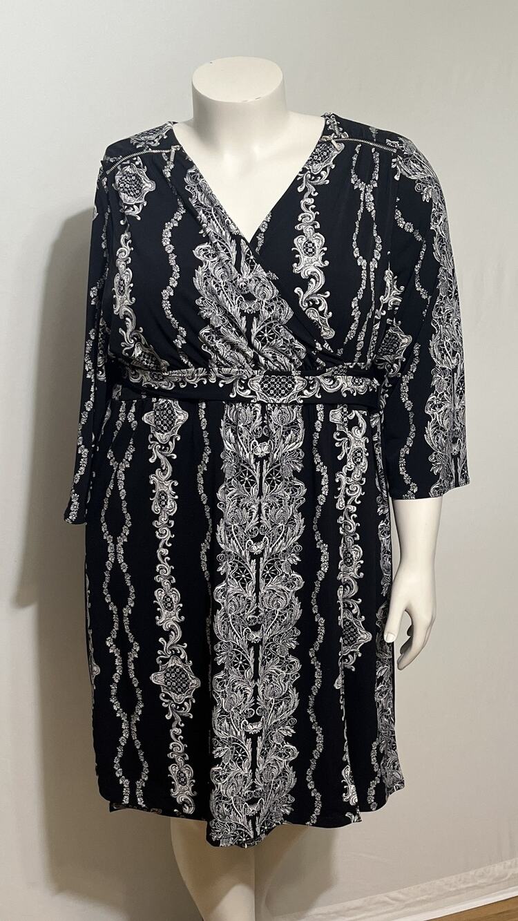 Lane Bryant Plus 22/24 Black White Damask Print True Wrap Tie Office Midi Dress